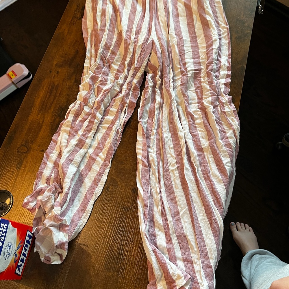 Light Red & White Striped Wide Let Cotton Pants Size M